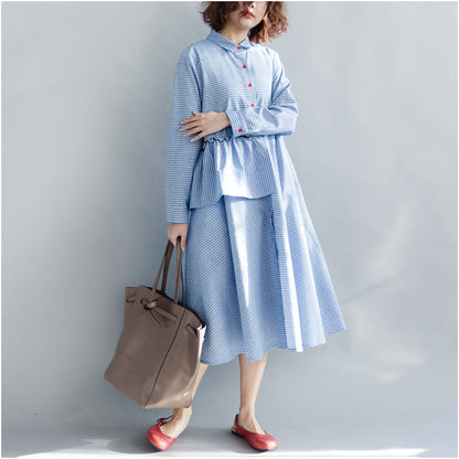Striped Cotton Linen Dresses New Spring Loose Patchwork Ruffles Turn-down Collar Long Dresses