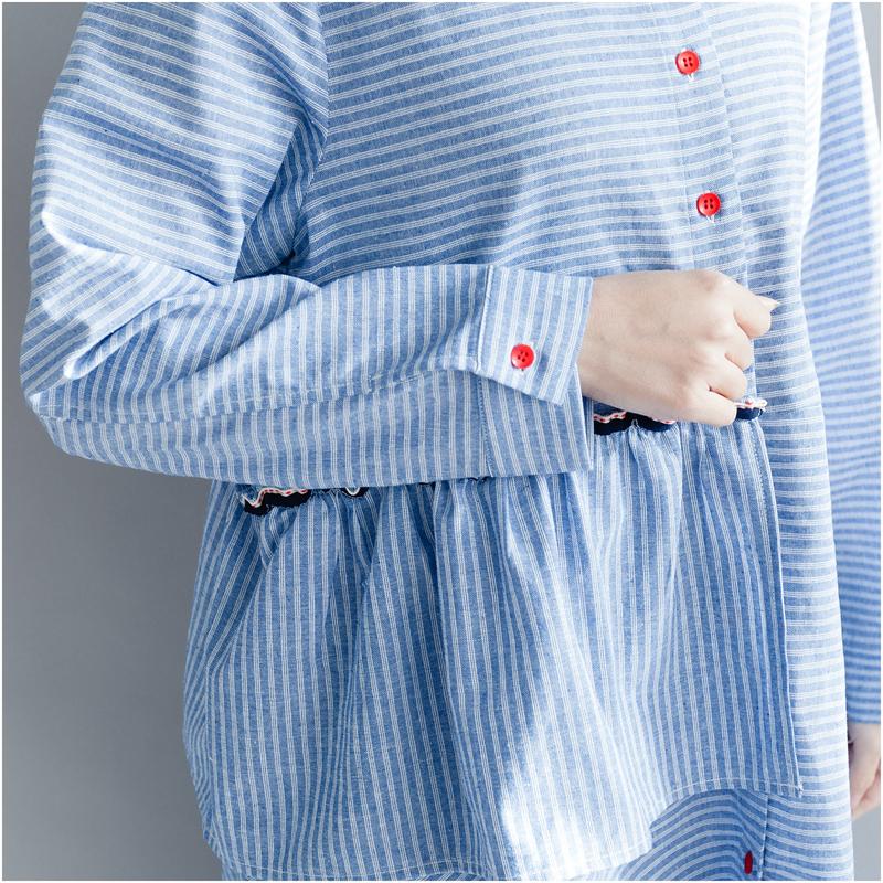 Striped Cotton Linen Dresses New Spring Loose Patchwork Ruffles Turn-down Collar Long Dresses