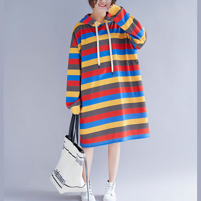 Striped Hooded Dresses Female Loose Pullover Dress