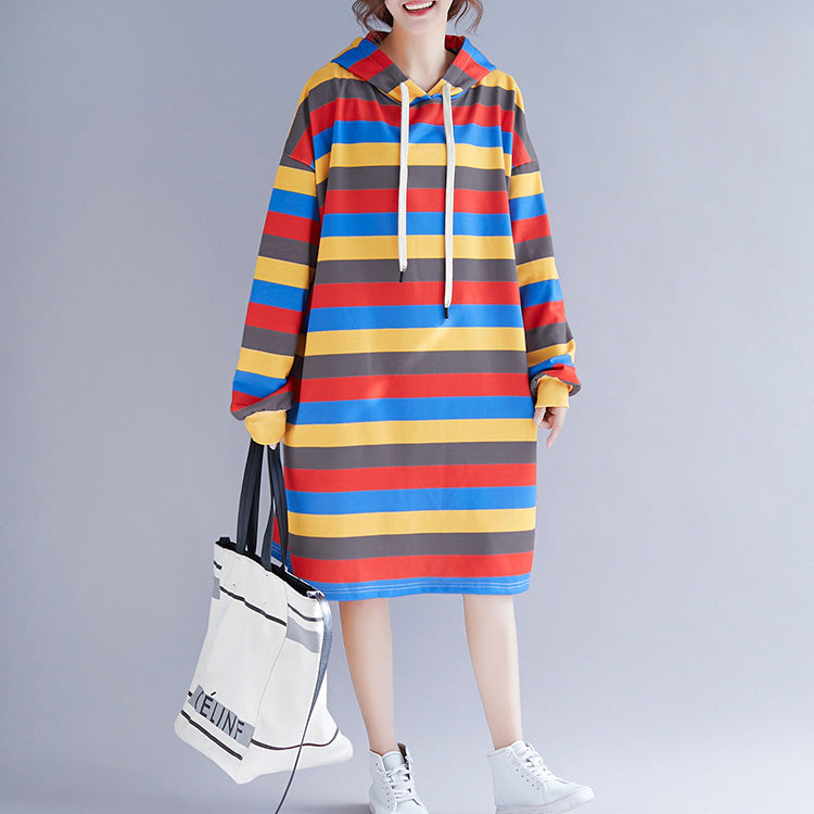 Striped Hooded Dresses Female Loose Pullover Dress