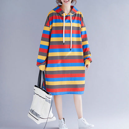 Striped Hooded Dresses Female Loose Pullover Dress