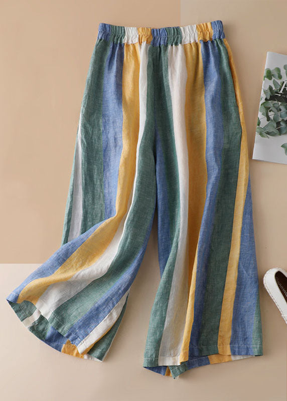 Striped Pockets Patchwork Linen Wide Leg Pants Summer