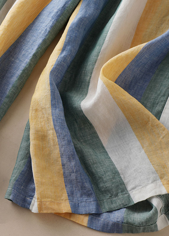 Striped Pockets Patchwork Linen Wide Leg Pants Summer