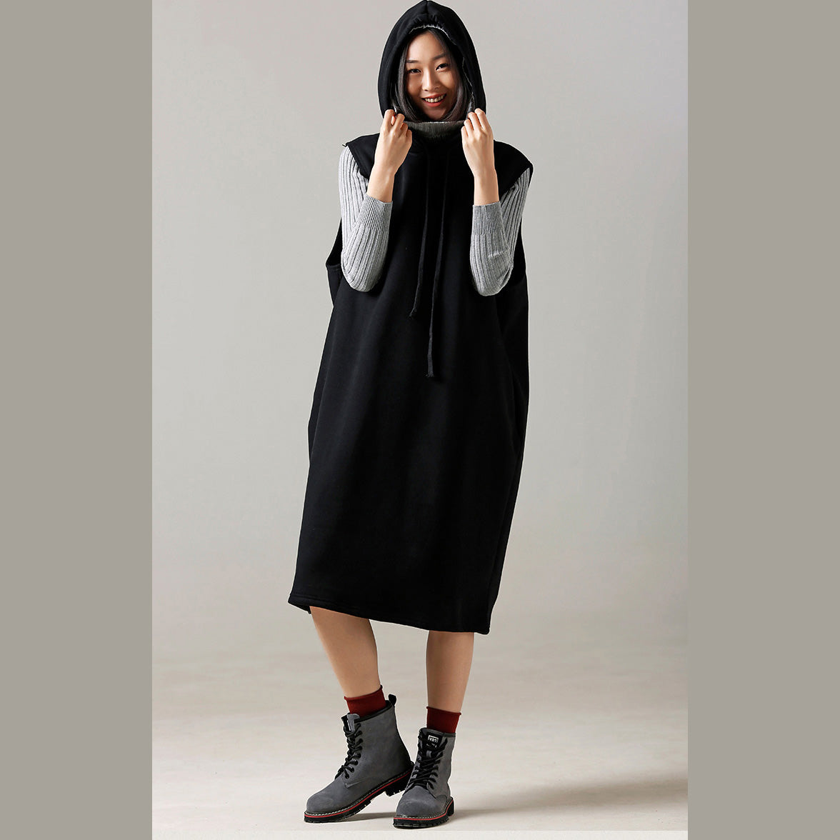 Sweater Weather Refashion Fall Hooded Black Big Knitted Tops Sleeveless