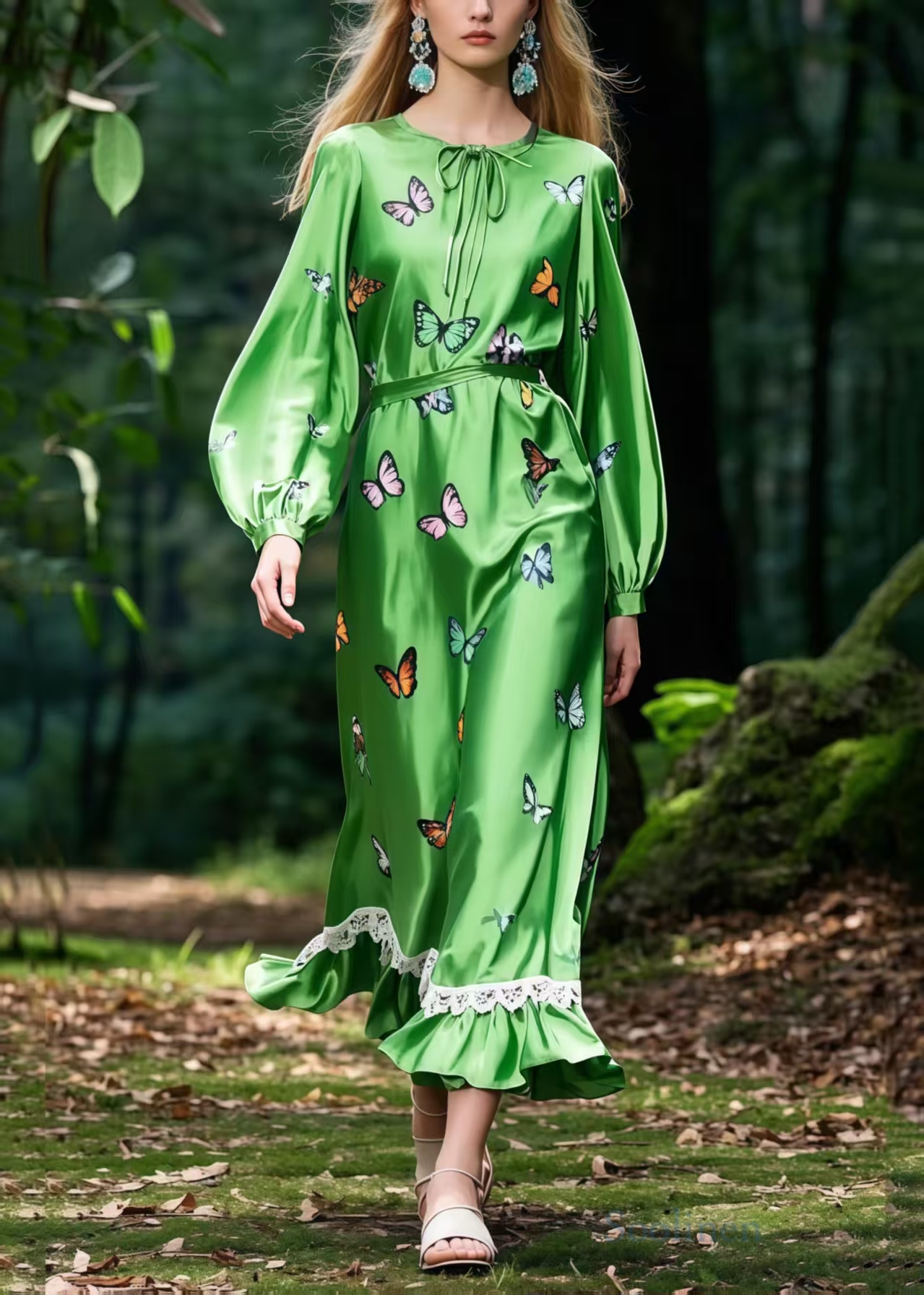 Tea Green Butterfly Silk Robe Dresses Spring