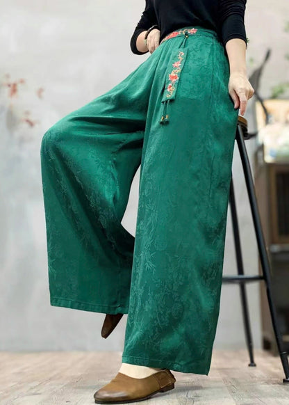 Tea Green Embroidered Jacquard Silk Pants Spring