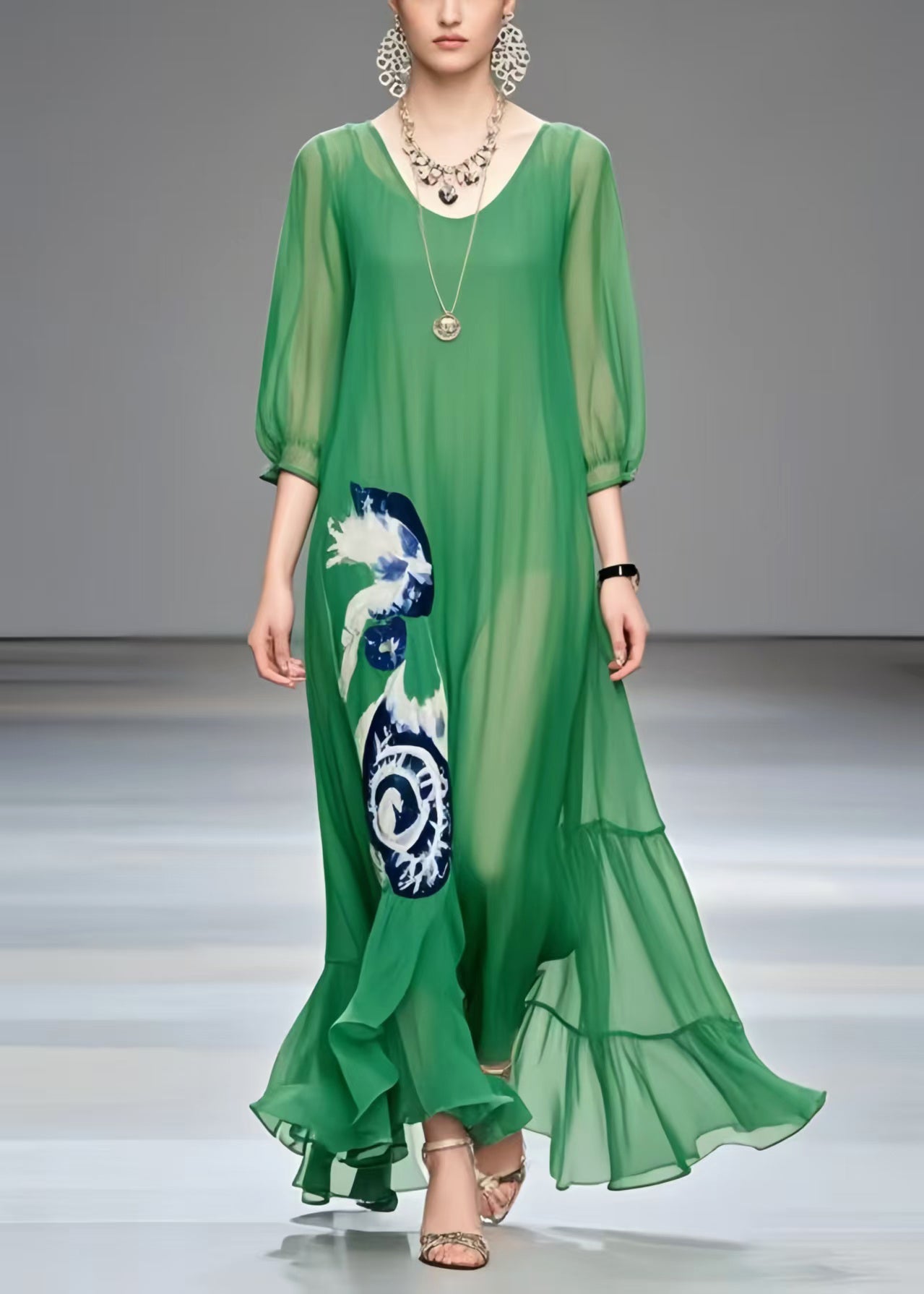 Tea Green Oversized Print Chiffon Beach Dress Summer