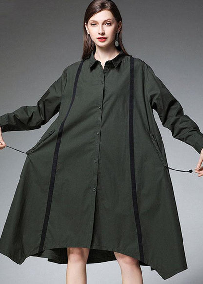 Women Tea Green PeterPan Collar Button Patchwork Fall Cotton Long Shirt