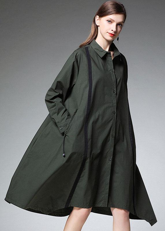 Women Tea Green PeterPan Collar Button Patchwork Fall Cotton Long Shirt