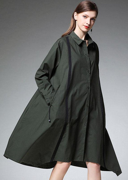 Women Tea Green PeterPan Collar Button Patchwork Fall Cotton Long Shirt