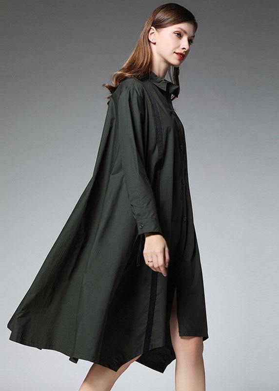 Women Tea Green PeterPan Collar Button Patchwork Fall Cotton Long Shirt
