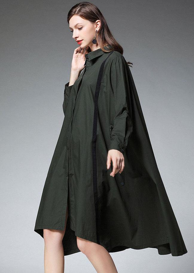 Women Tea Green PeterPan Collar Button Patchwork Fall Cotton Long Shirt