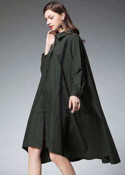 Women Tea Green PeterPan Collar Button Patchwork Fall Cotton Long Shirt