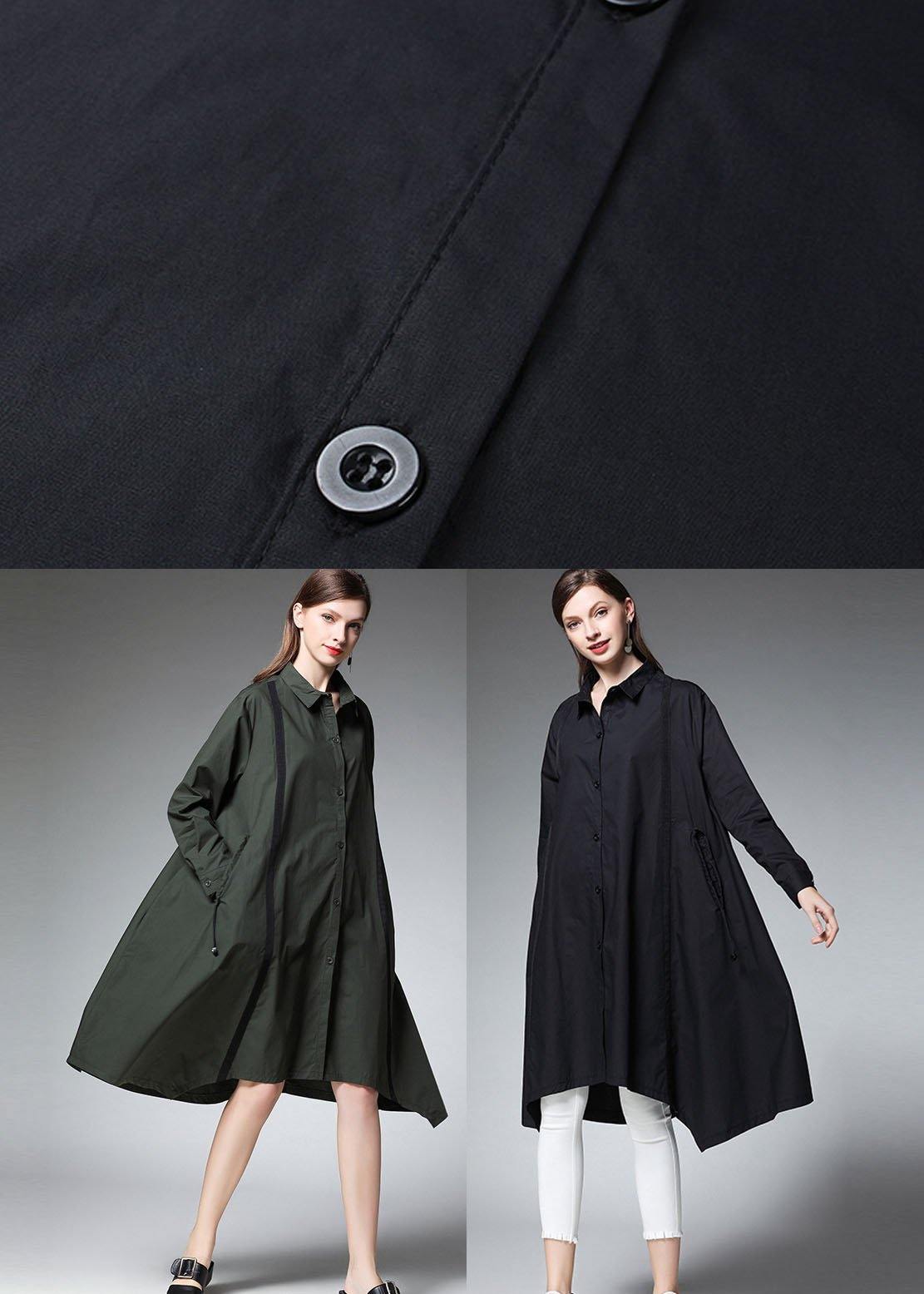 Women Tea Green PeterPan Collar Button Patchwork Fall Cotton Long Shirt