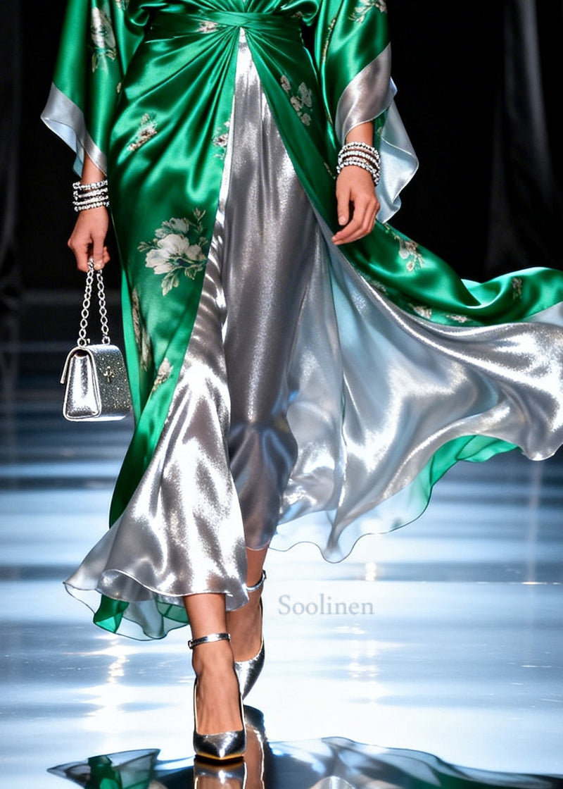 Tea Green Print Patchwork Chiffon Long Dress Summer