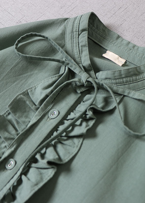 Tea Green Ruffled Button Cotton Dress Long Sleeve