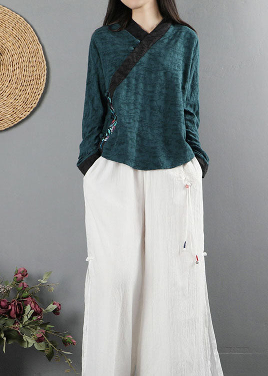 Tea Green V Neck Long Sleeve Shirts