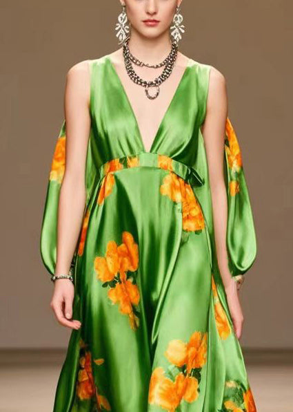 Tea Green V Neck Print Silk Long Dresses Summer