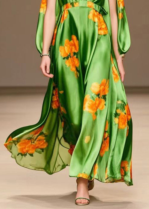 Tea Green V Neck Print Silk Long Dresses Summer