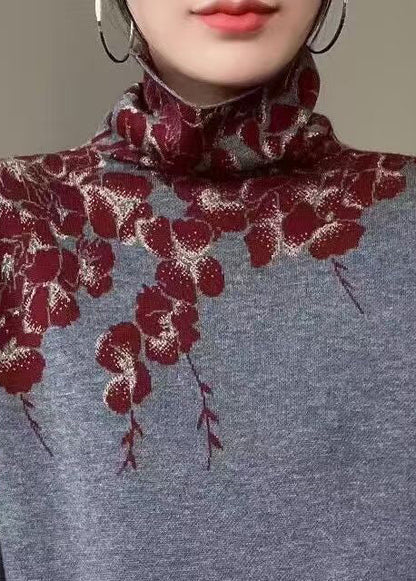Turtle Neck Print Knit Sweaters Fall