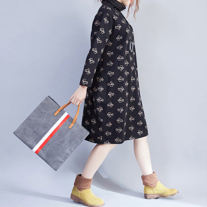 Turtleneck Velvet Dress Lady Print Dresses