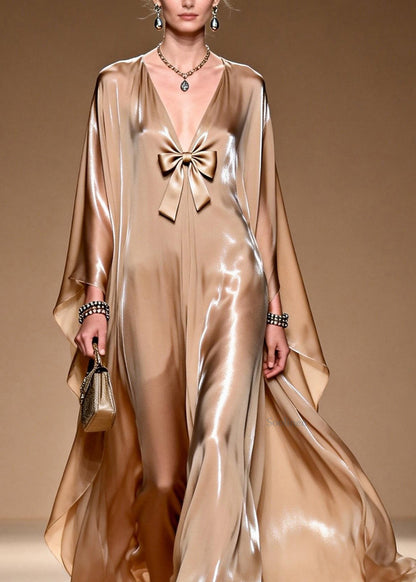 V Neck Bow Patchwork Silk Maxi Dresses Spring