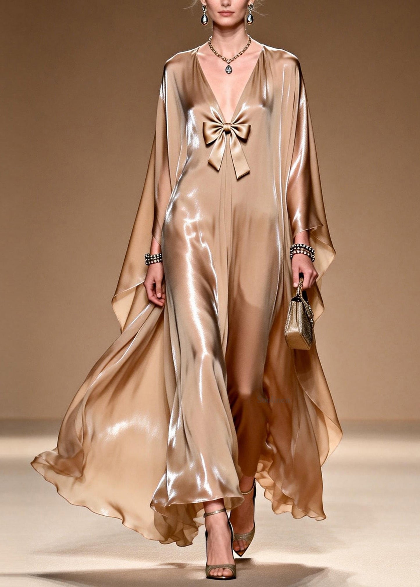 V Neck Bow Patchwork Silk Maxi Dresses Spring