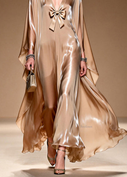 V Neck Bow Patchwork Silk Maxi Dresses Spring