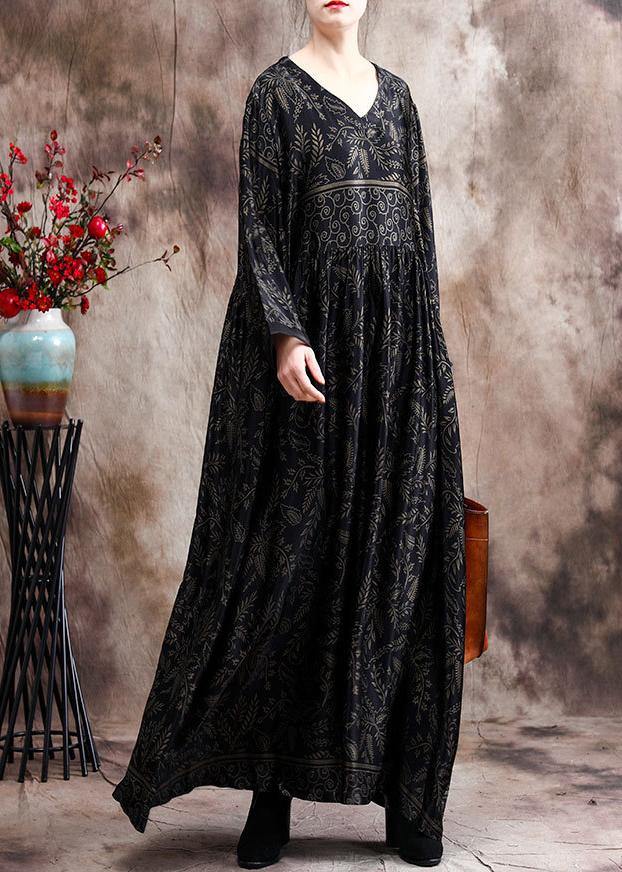 Luxy V Neck Black Print Silk Satin Dresses