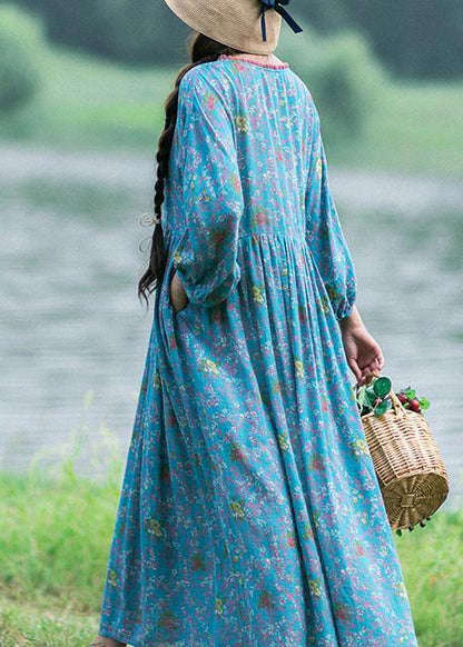 V Neck Cinched Spring Clothes Runway Blue Print Robes Dress
