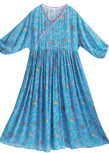 V Neck Cinched Spring Clothes Runway Blue Print Robes Dress