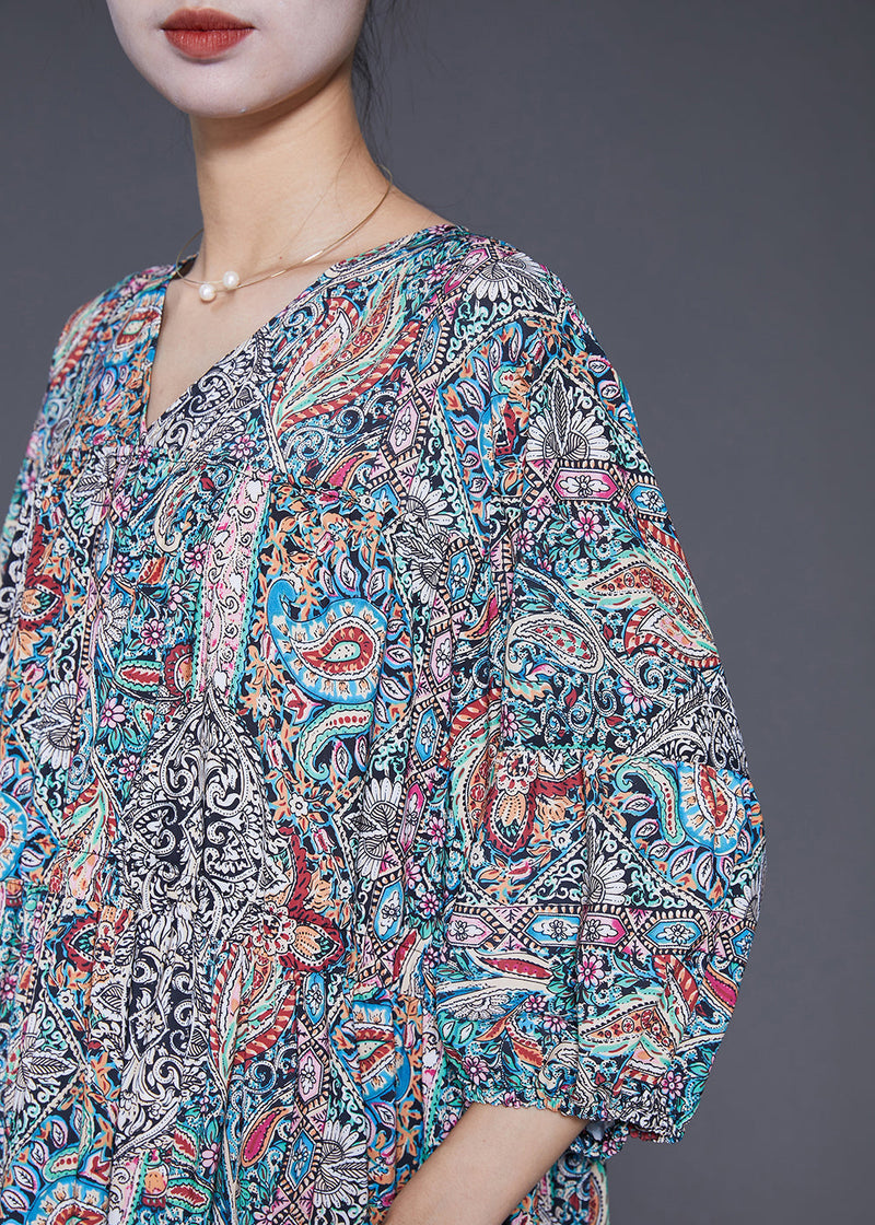 V Neck Drawstring Print Vacation Dress Lantern Sleeve