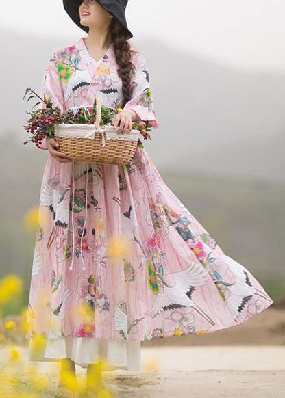 V Neck Drawstring Wardrobes Pattern Crowned Crane Long Dresses