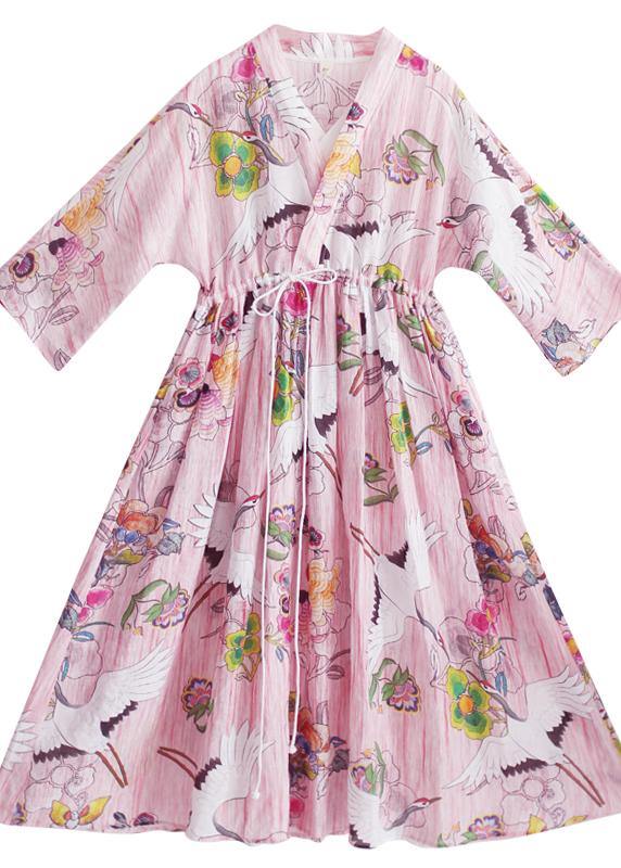 V Neck Drawstring Wardrobes Pattern Crowned Crane Long Dresses