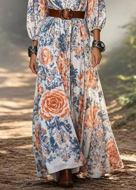 V Neck Print Cotton Tunic Dresses Bracelet Sleeve