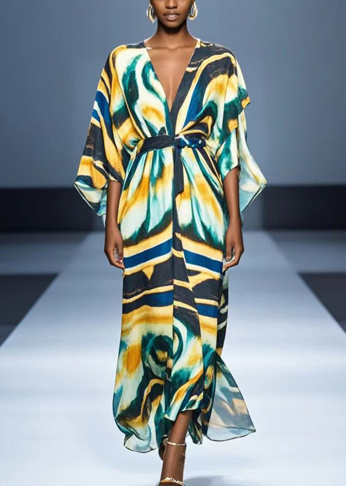 V Neck Graffiti Print Chiffon Dress Batwing Sleeve