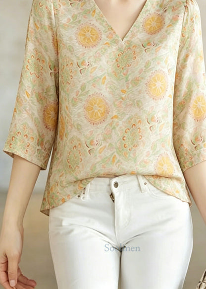 V Neck Jacquard Silk Shirt Top Bracelet Sleeve