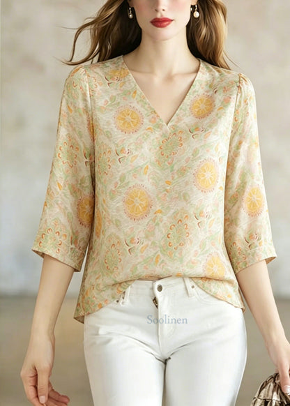 V Neck Jacquard Silk Shirt Top Bracelet Sleeve