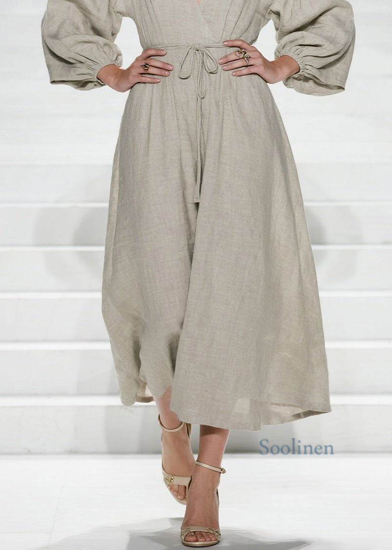 V Neck Lace Up Patchwork Cotton Long Dress Spring