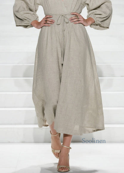 V Neck Lace Up Patchwork Cotton Long Dress Spring