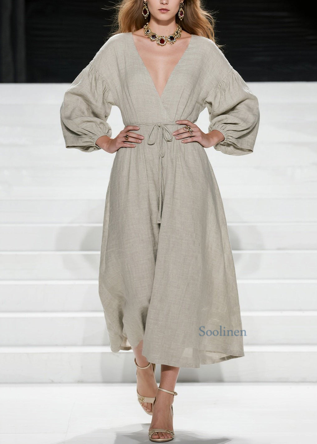 V Neck Lace Up Patchwork Cotton Long Dress Spring