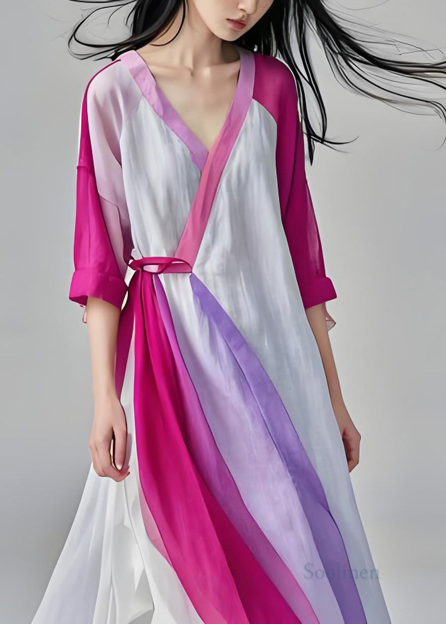 V Neck Lace Up Patchwork Cotton Long Dresses Summer