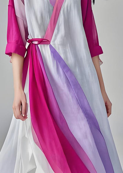 V Neck Lace Up Patchwork Cotton Long Dresses Summer