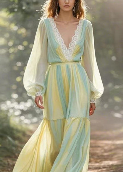 V Neck Lace Wrinkled Patchwork Chiffon Dresses Spring