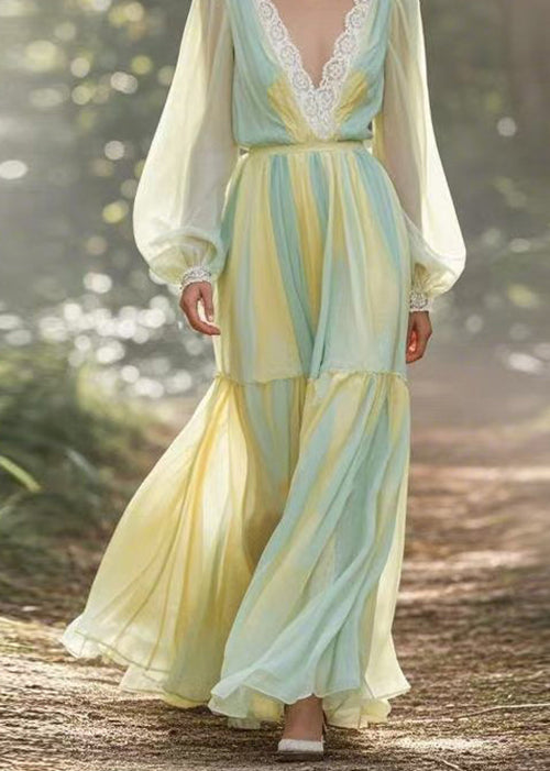 V Neck Lace Wrinkled Patchwork Chiffon Dresses Spring