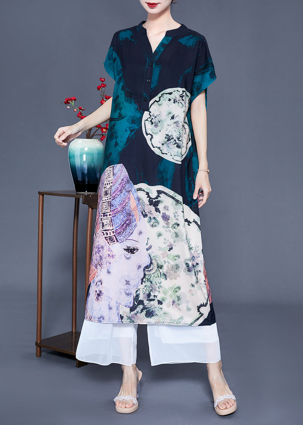V Neck Original Design Print Silk Long Dress Summer