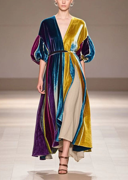 V Neck Patchwork Silk Velvet Vacation Dress Short Sleeve