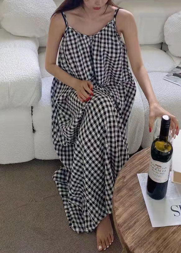 V Neck Plaid Cotton Spaghetti Strap Dress Sleeveless