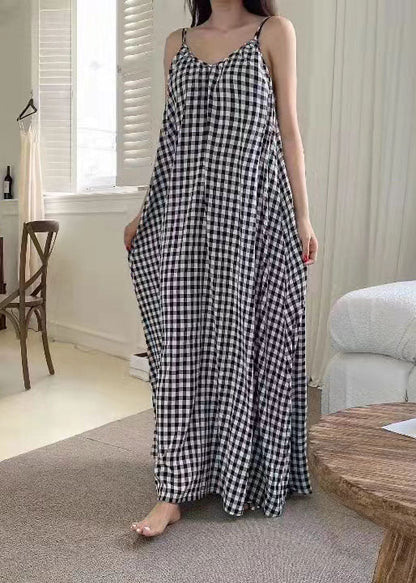 V Neck Plaid Cotton Spaghetti Strap Dress Sleeveless