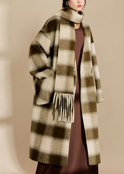 V Neck Pockets Plaid Woolen Maxi Coats Spring